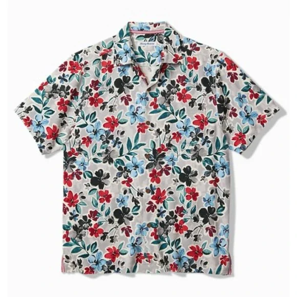 Tommy Bahama Men's Tropicana Blooms Silk Camp Shirt Gray Floral‎ NEW $148